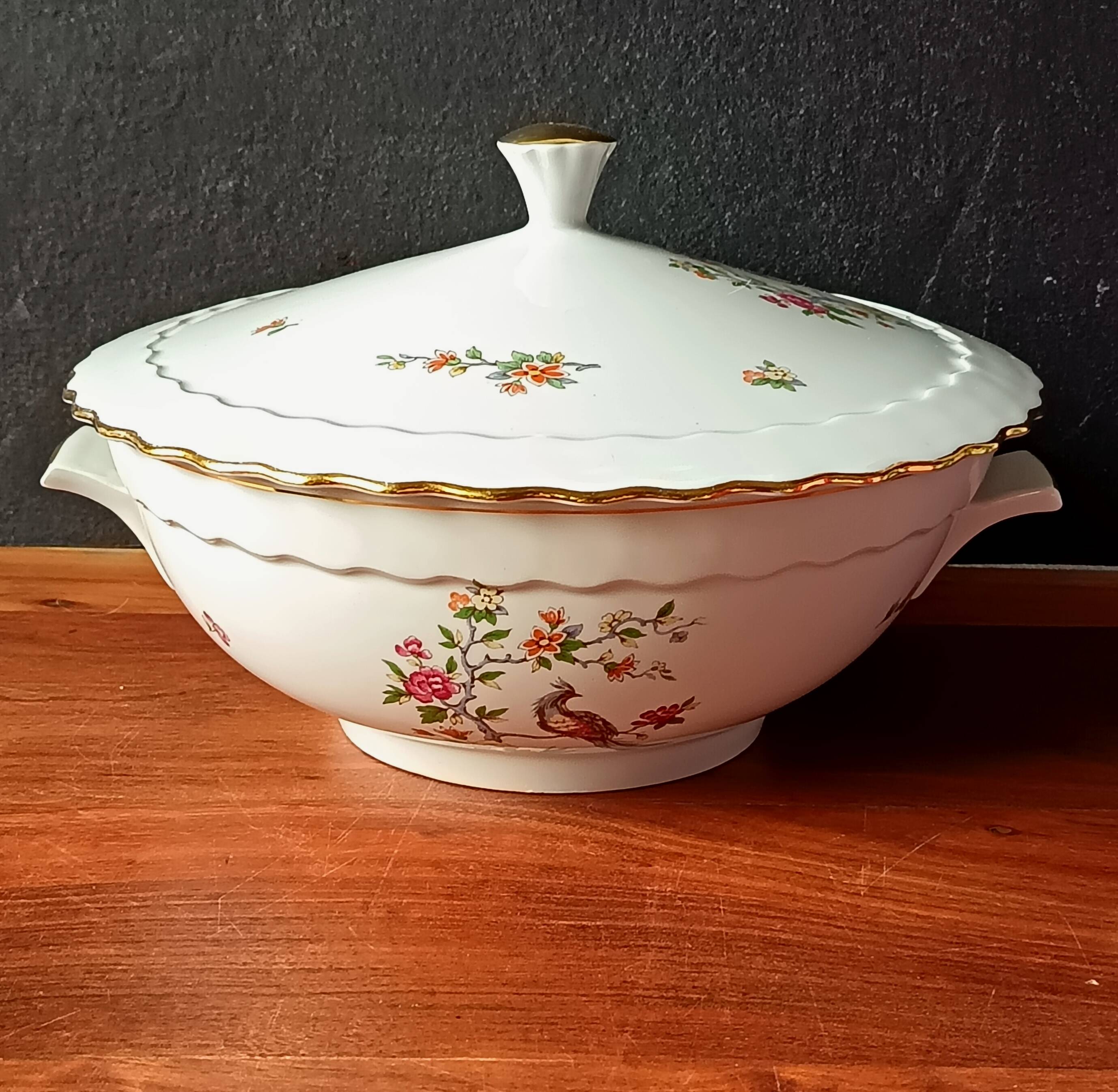 Vintage soup tureen, Vitriam porcelain France, Phoenix on a flowering branch.