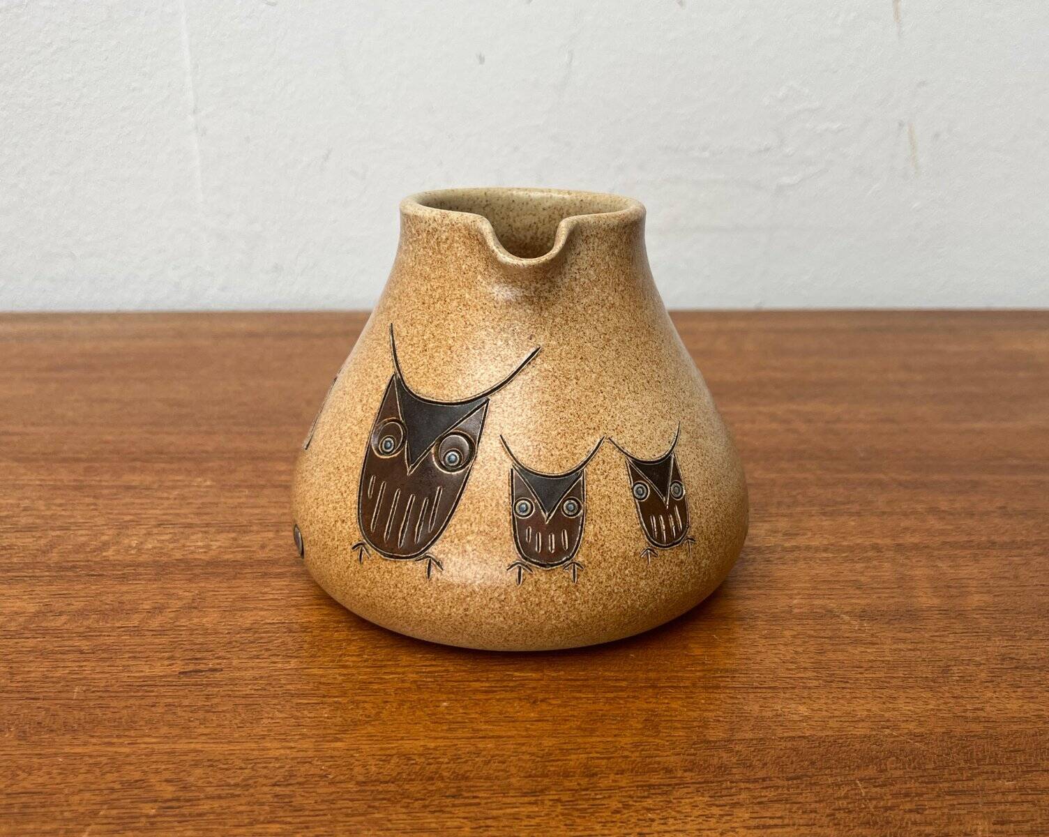 Mid-century German ceramic studio pitcher with owl motif by Heinz Theo Dietz, 1960s.