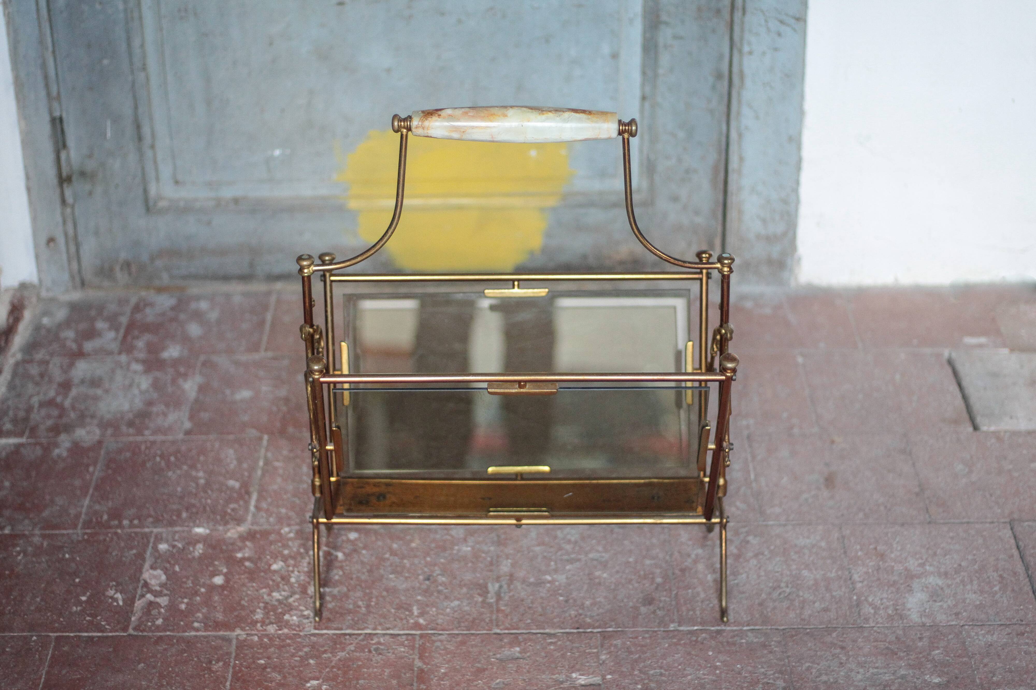 vintage magazine rack, brass and smoked glass magazine rack, newspaper, magazine