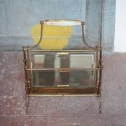vintage magazine rack, brass and smoked glass magazine rack, newspaper, magazine