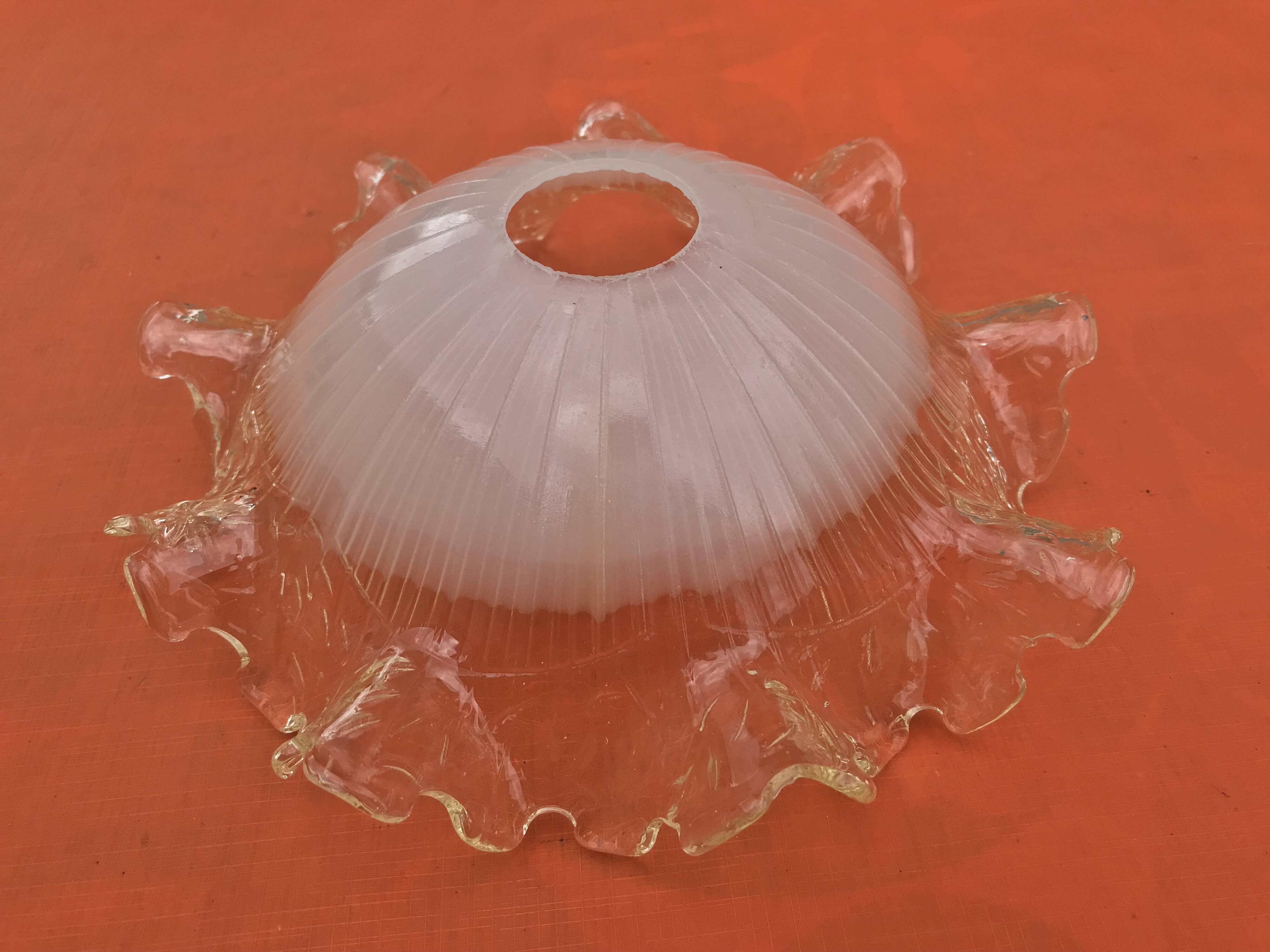 1930s Clear and Milk White Glass Ruffled Lampshade