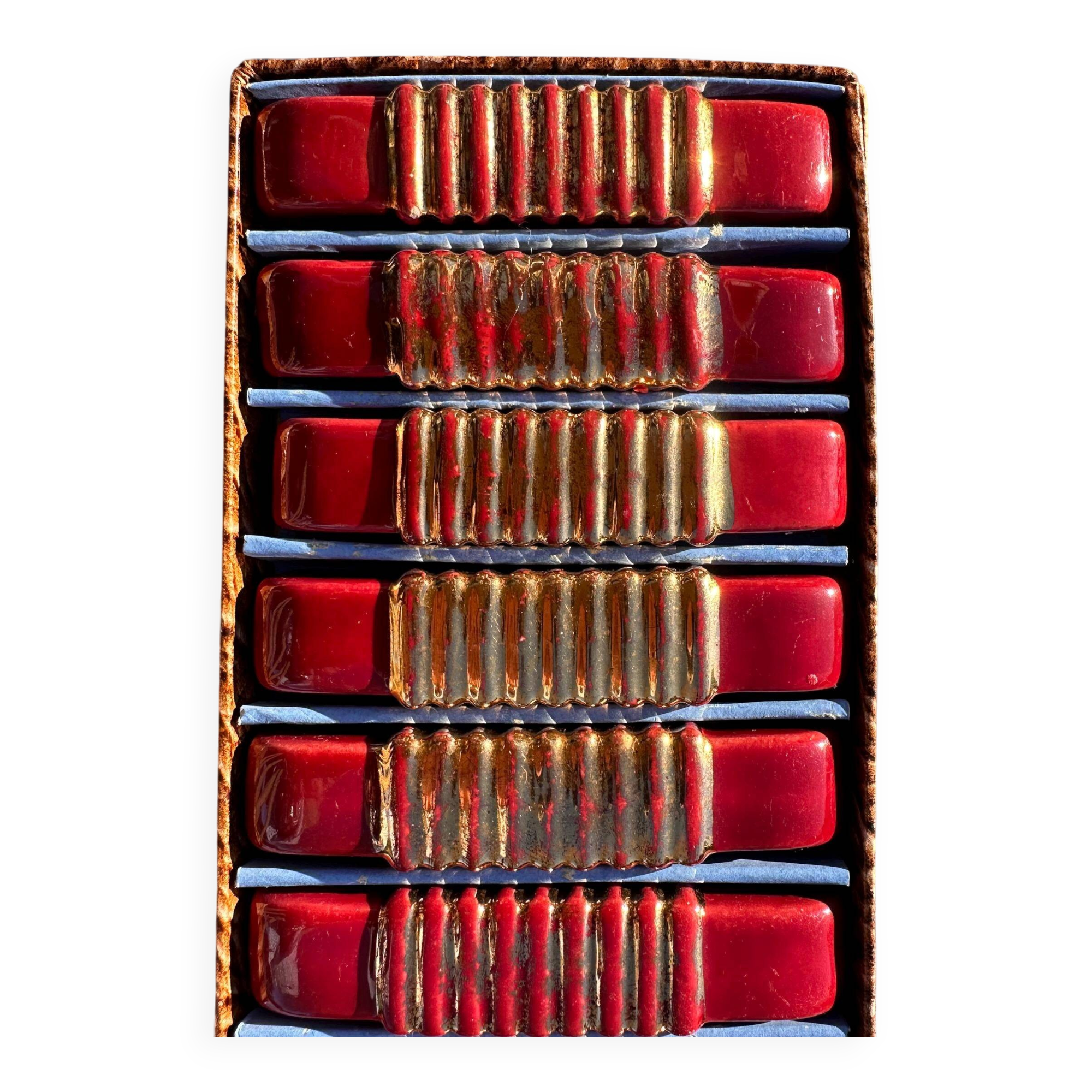 Art Deco knife rests (x6) – Red and gold glass, geometric