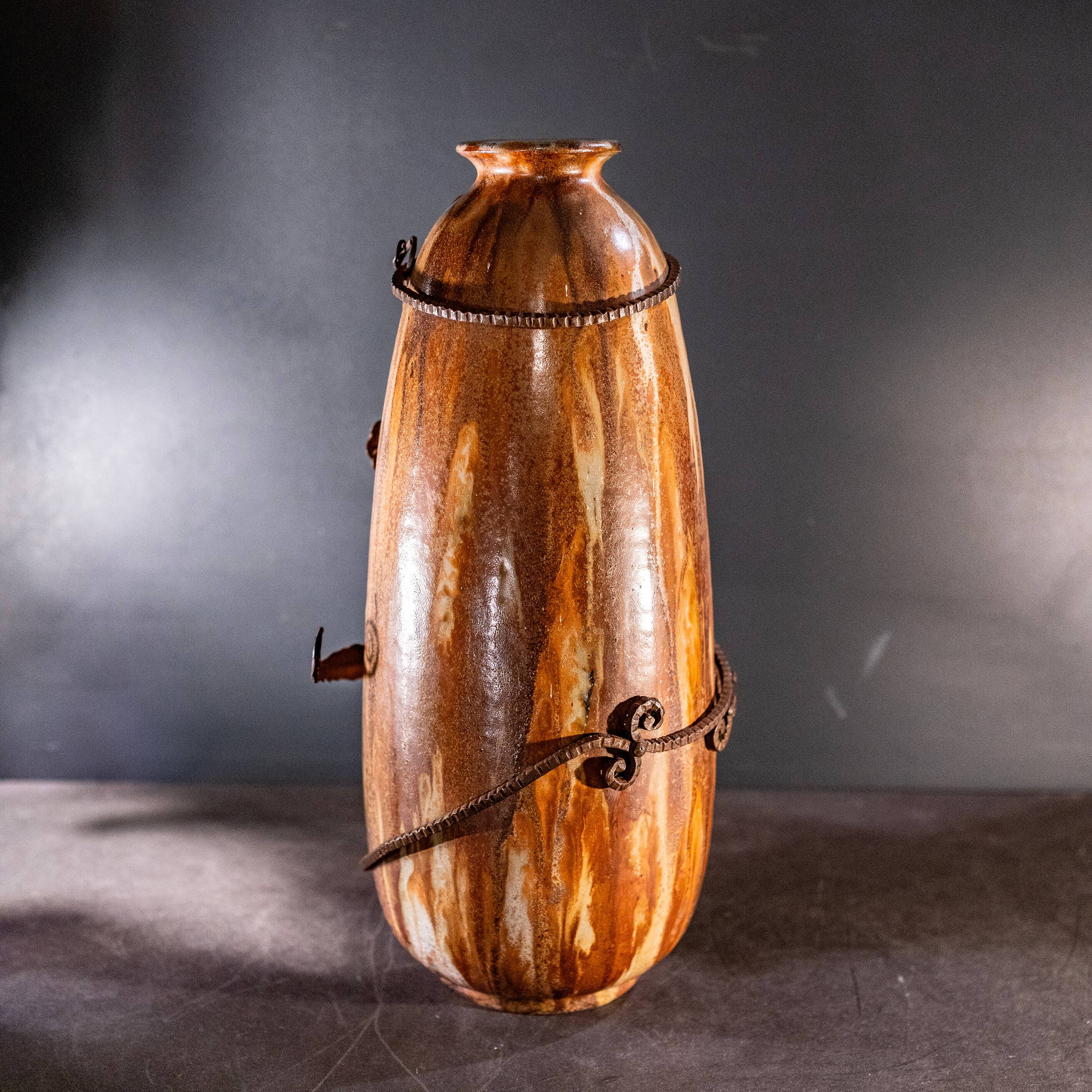 stoneware shell vase, wrought iron frame, roger guerin & francois carion, bouffioulx ca 1920