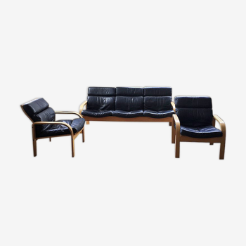 Canapé et fauteuils danois bois courbé et cuir