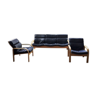 Danish sofa and armchairs curved wood and leather