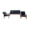 Danish sofa and armchairs curved wood and leather