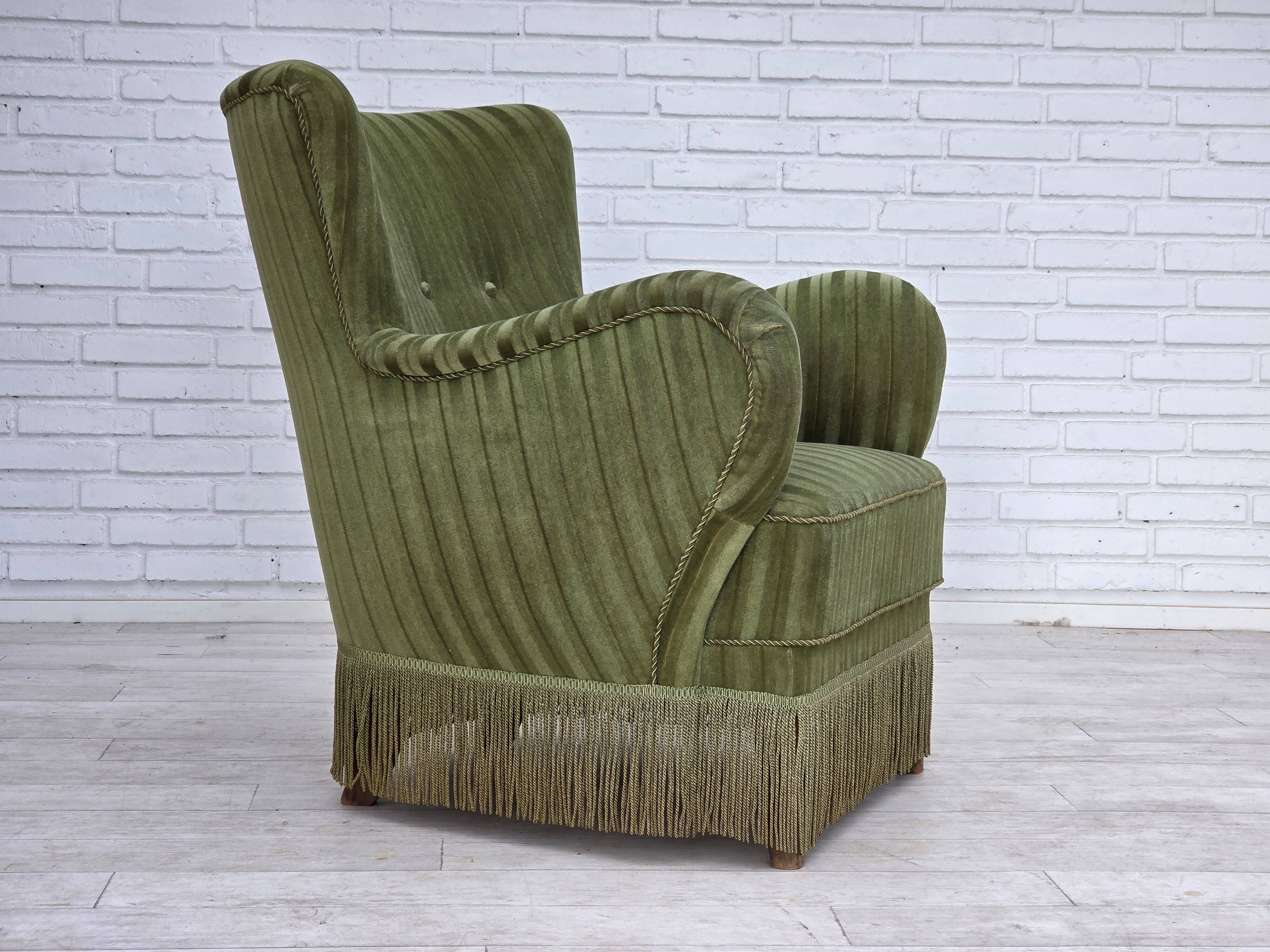 1960s, Danish armchair, original green furniture velour.