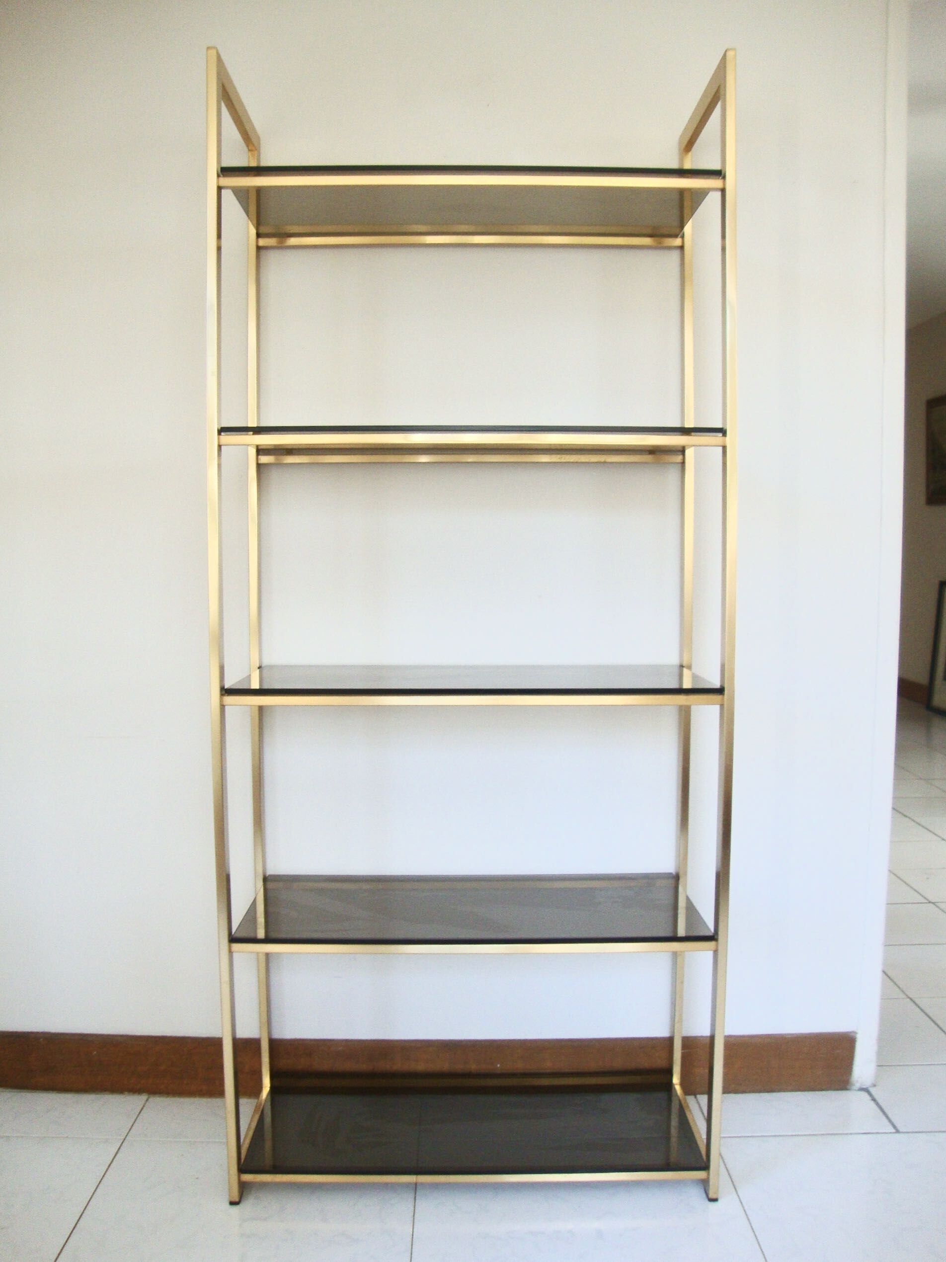 1970 library and gold metal and smoked glass