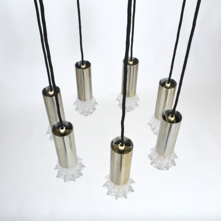 Vintage suspension lamp in chrome metal and glass 1970