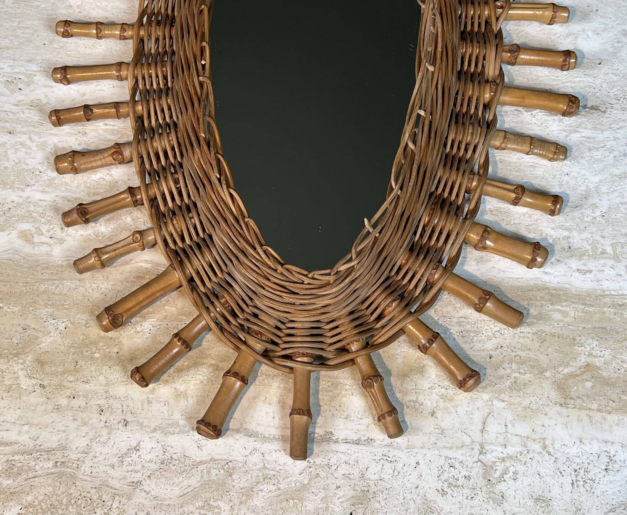 Oval Mirror in Rattan. Woven Willow and Bamboo. French Work from the Riviera.