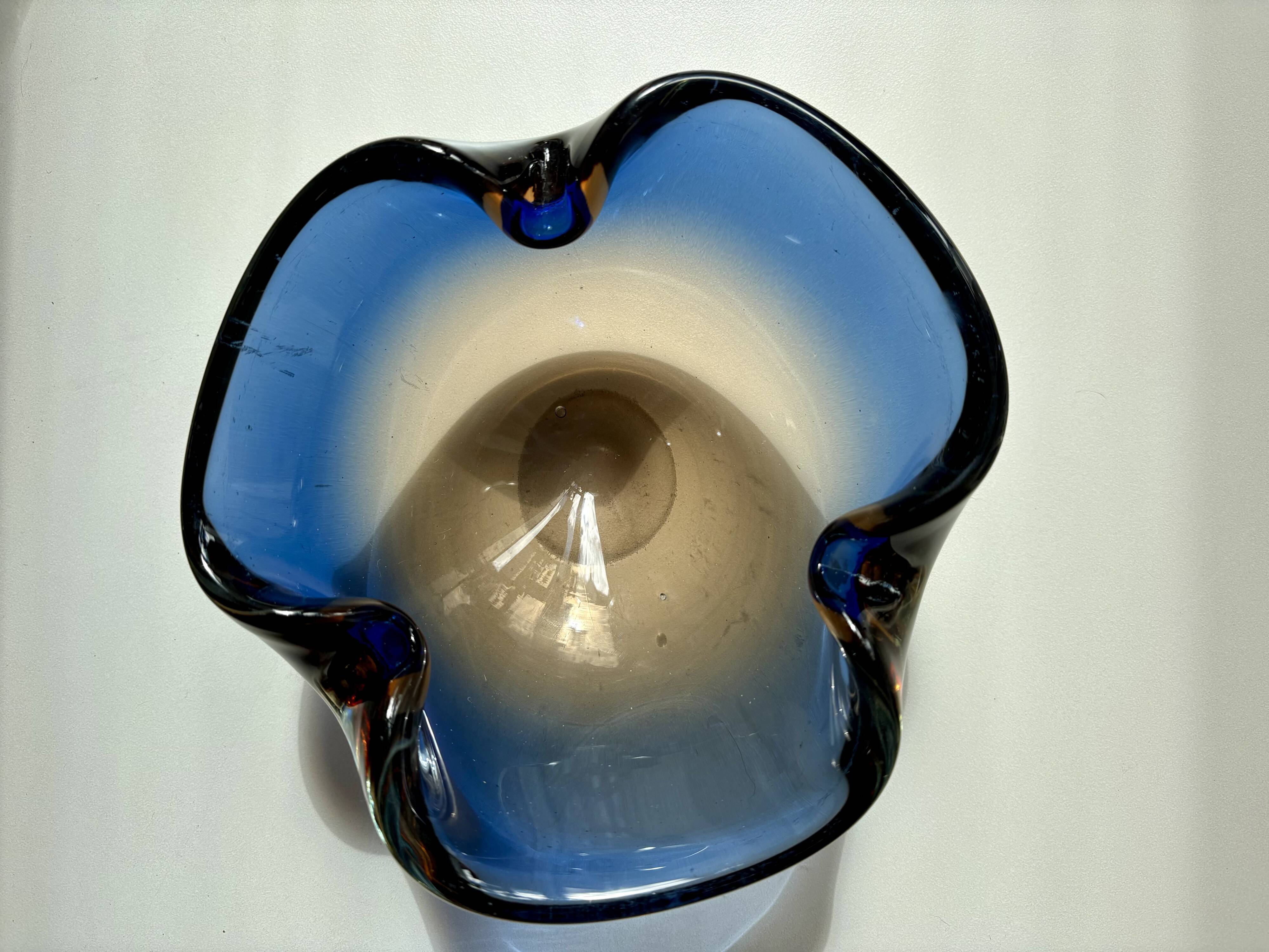 Blue and amber Murano glass ashtray/trinket dish 1960-70