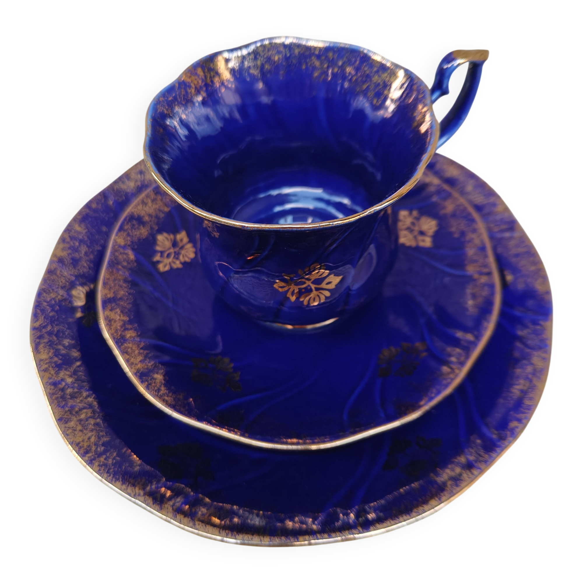 Superb Coffee/Tea Trio in Cobalt Blue & Gold Porcelain - Chodzież Poland
