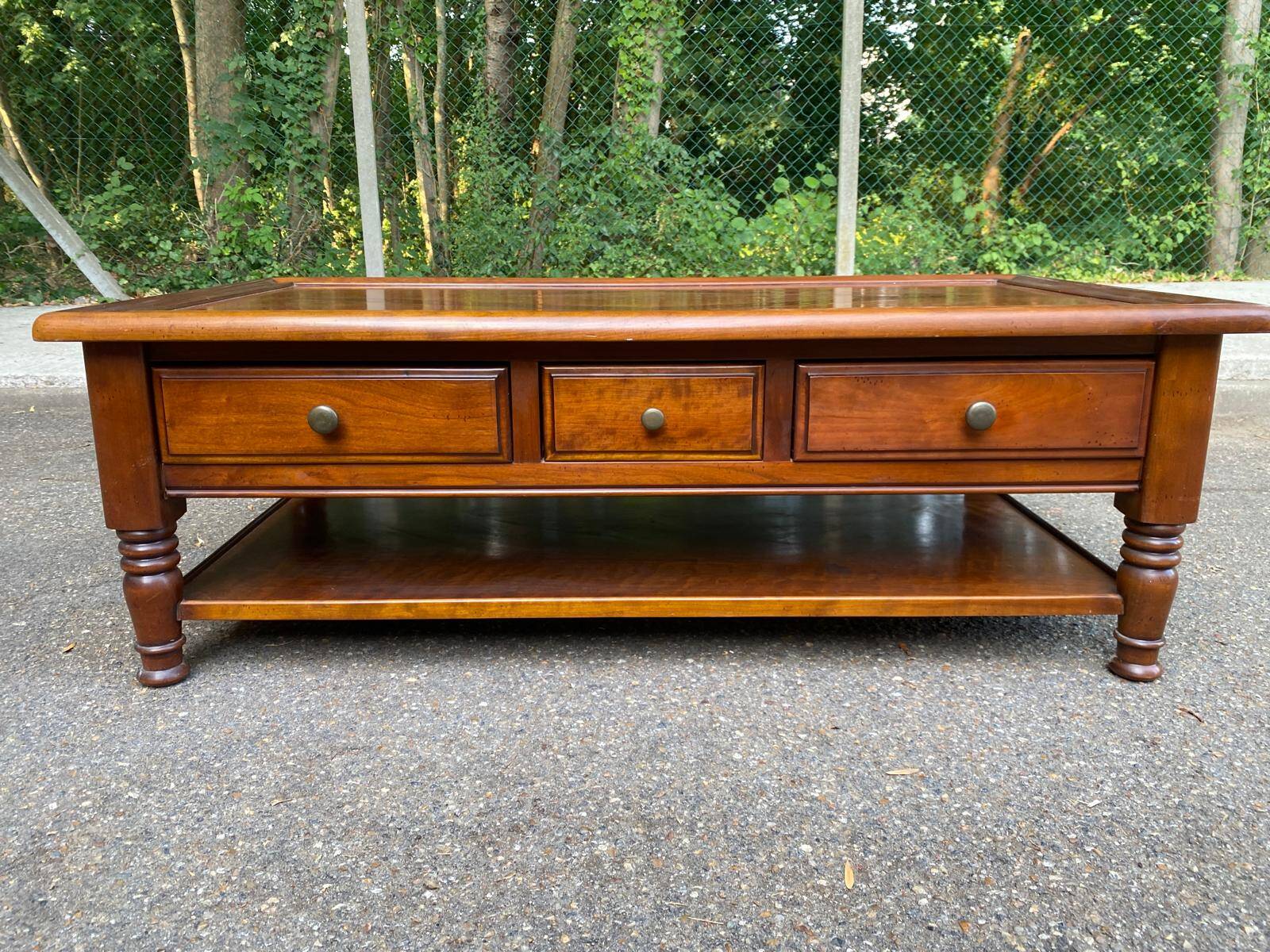 Solid cherry coffee table with 3 drawers in Louis Philippe style, 1980.