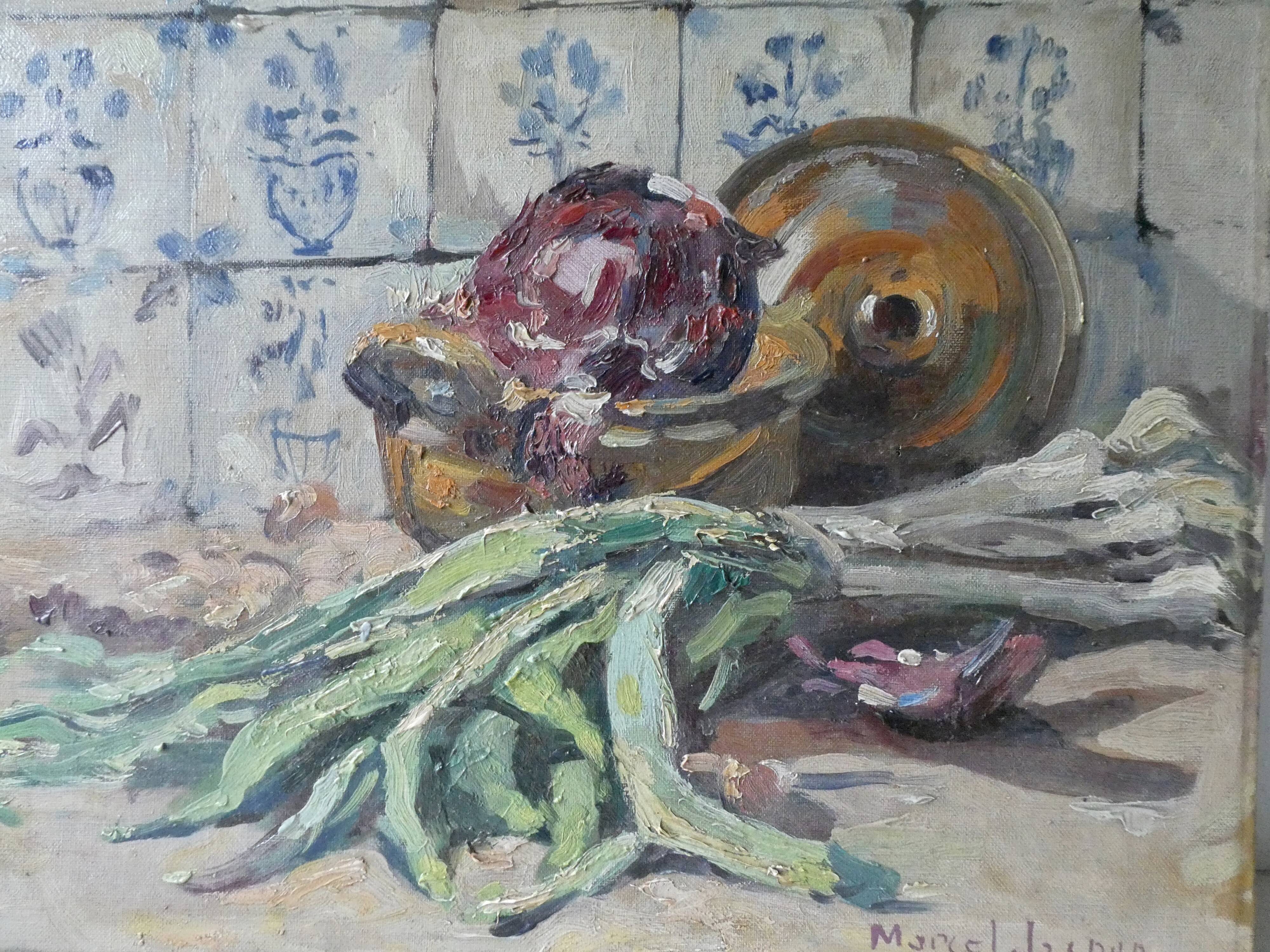 Oil on canvas, still life with leeks