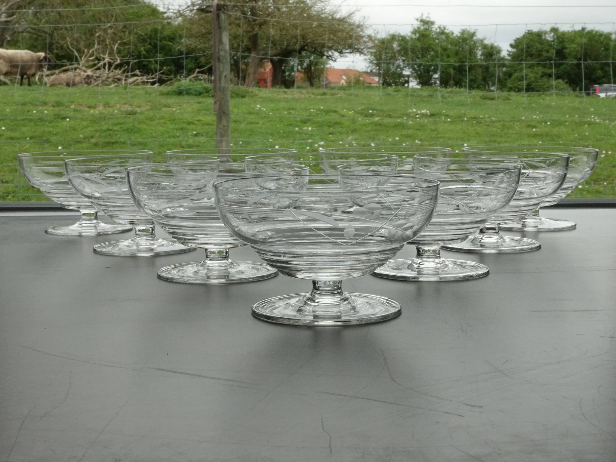 Set of 10 Art Deco crystal champagne glasses from Czechoslovakia