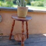 Solid wood turned tripod stool with 2 seats, 1970