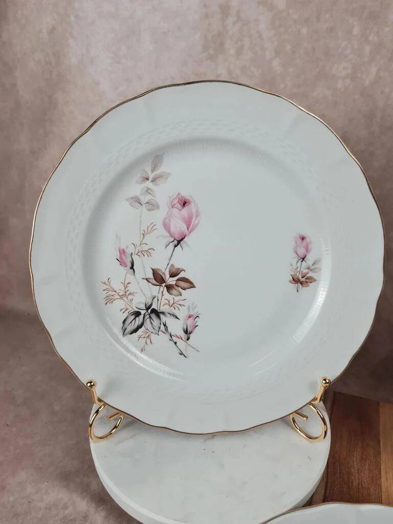 Set of 6 porcelain plates Tognana – antique rose pattern & gold rim