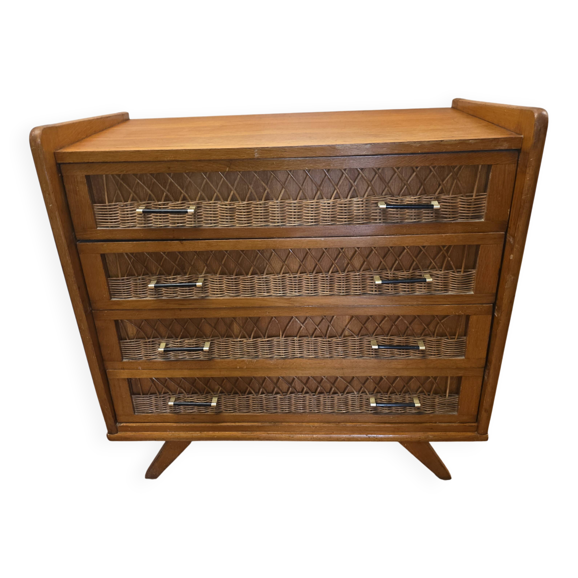 Commode vintage rotin et chêne des années 60