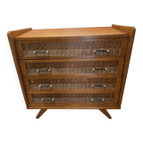 Commode vintage rotin et chêne des années 60