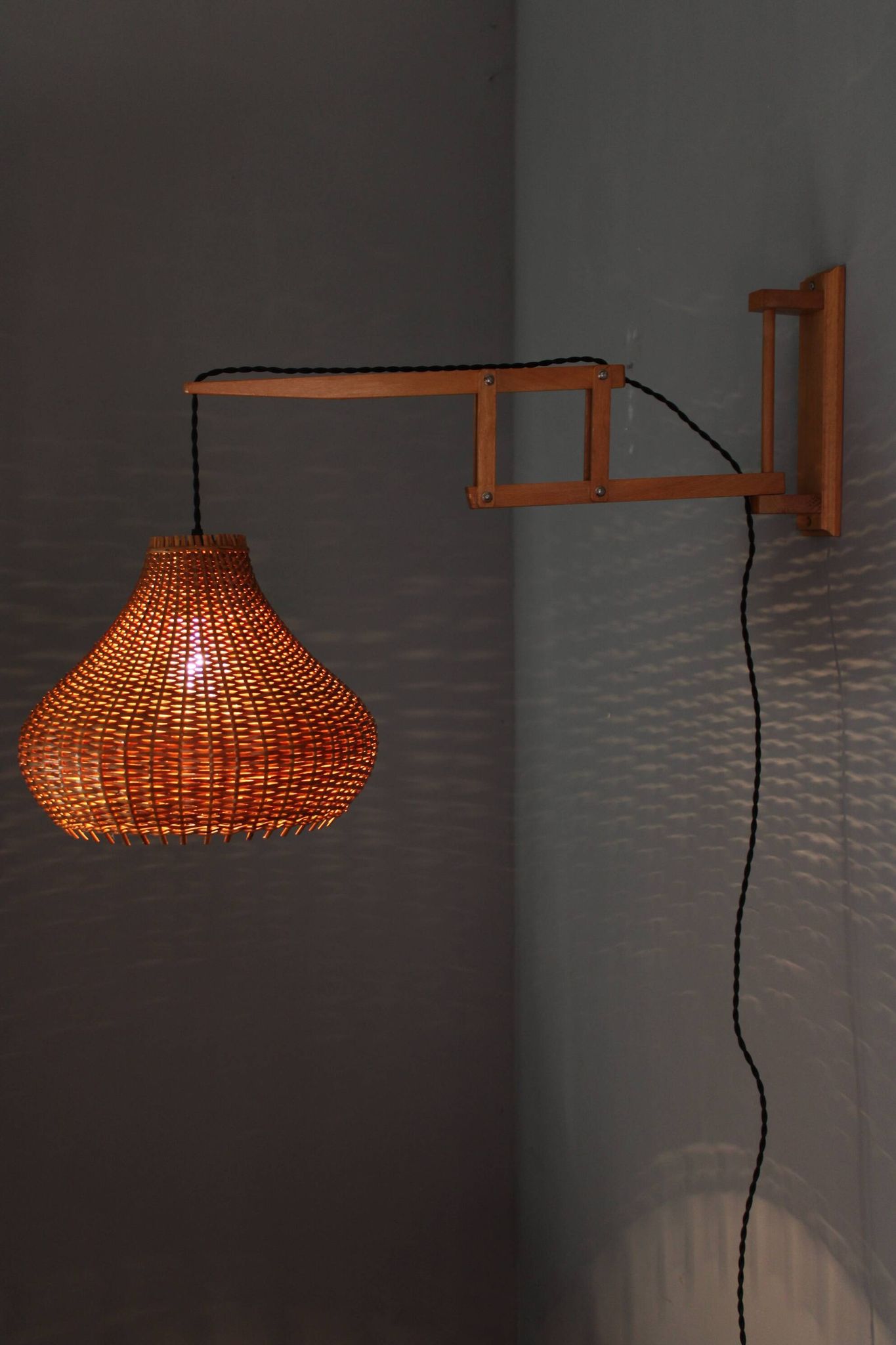 Mid-century adjustable wooden wall lamp with rattan shade, Lipta, 1970s