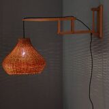 Mid-century adjustable wooden wall lamp with rattan shade, Lipta, 1970s