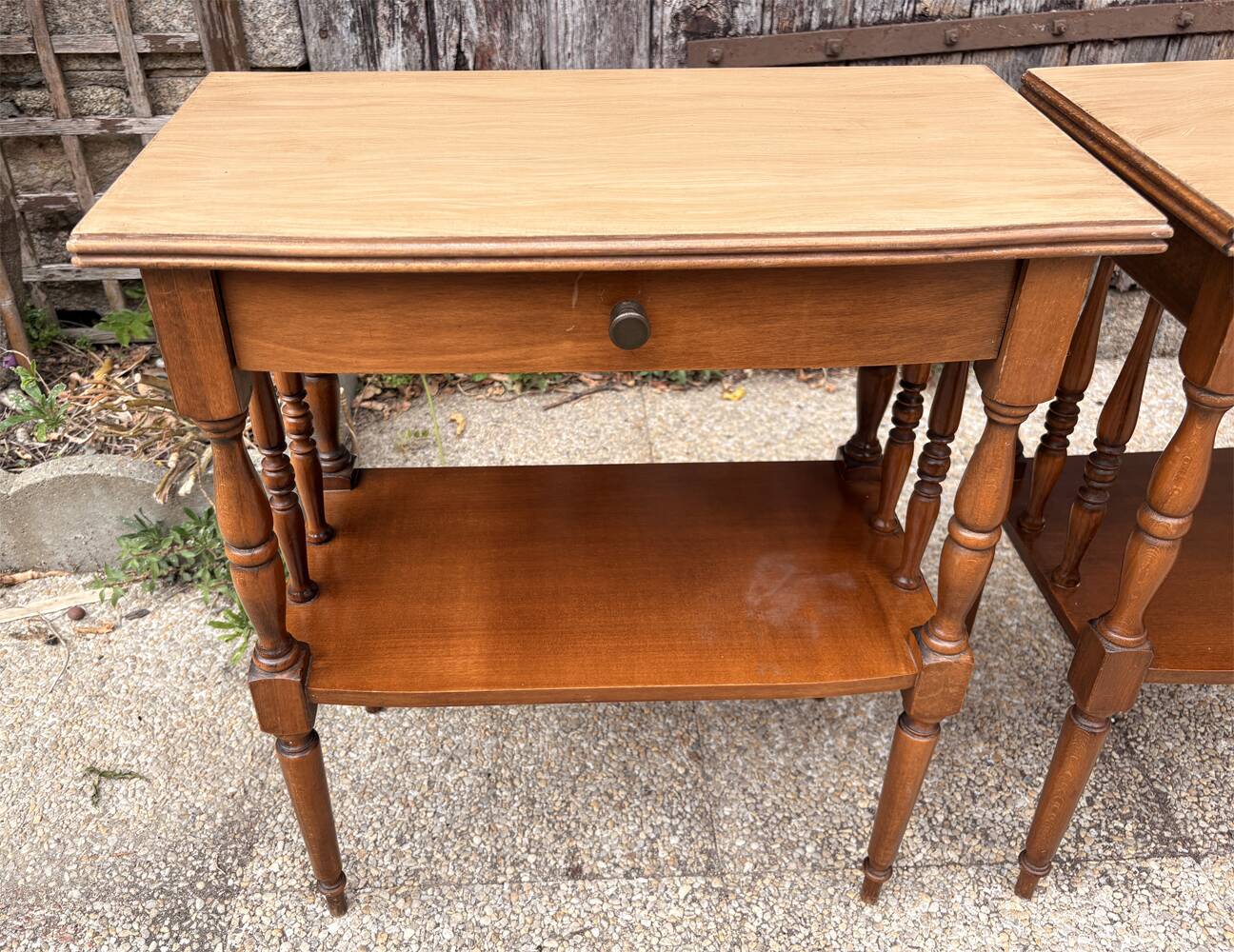 Pair of bedside tables or double-top wooden turned side tables Sty
