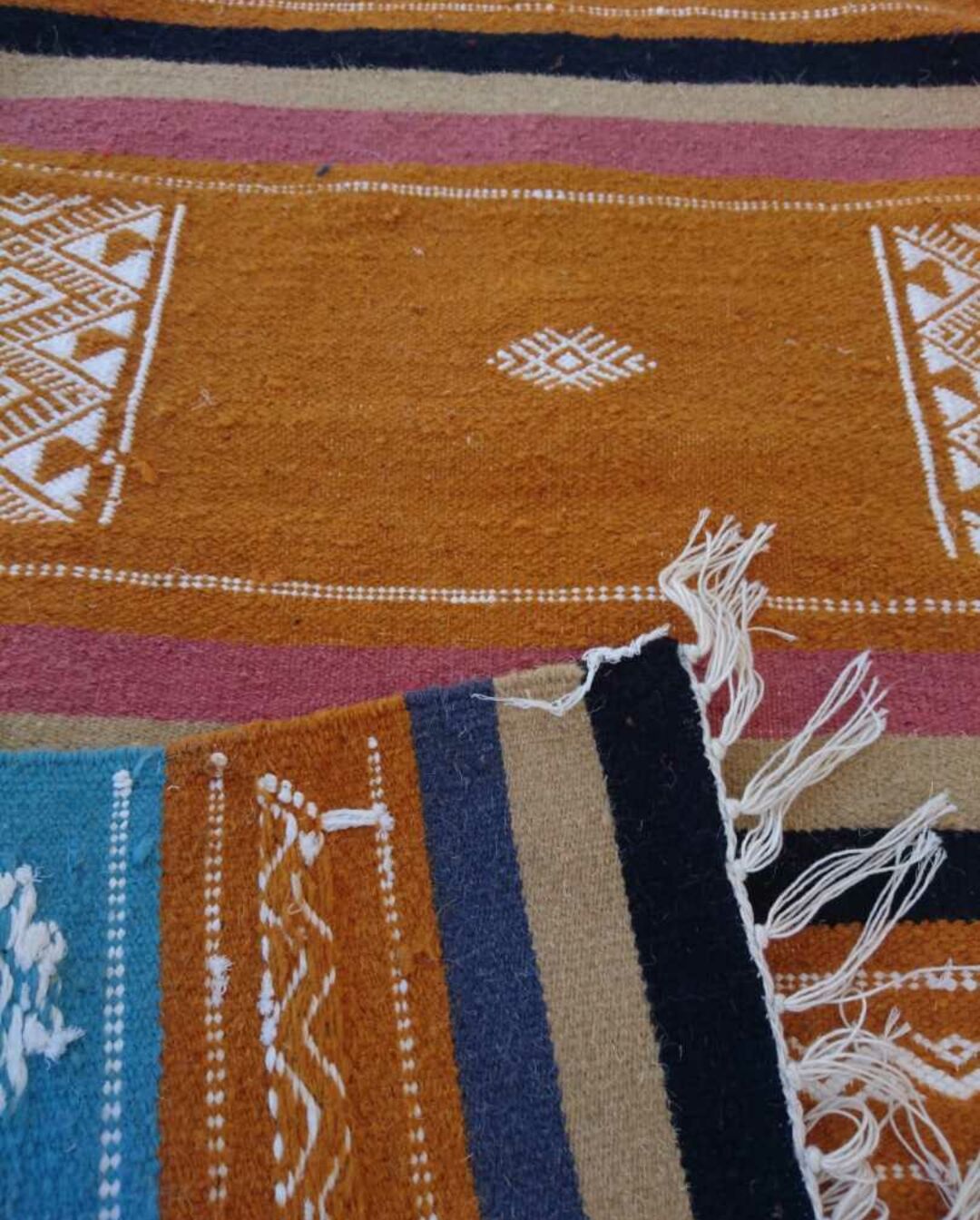 Carpet kilim orange blue white handmade, 120x65cm