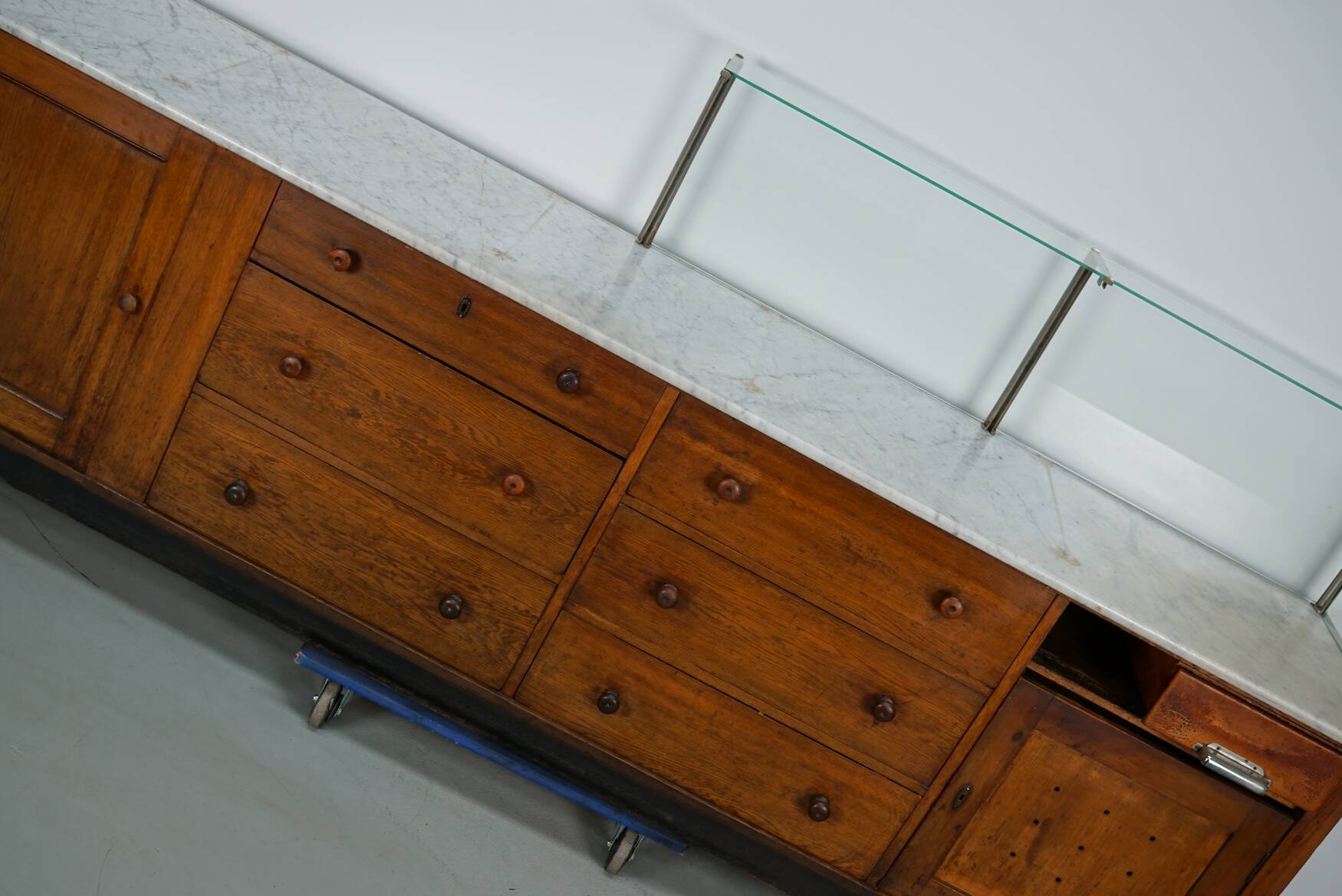 Large Antique Art Deco German Oak & Marble Chocolate Shop Counter, 1920s