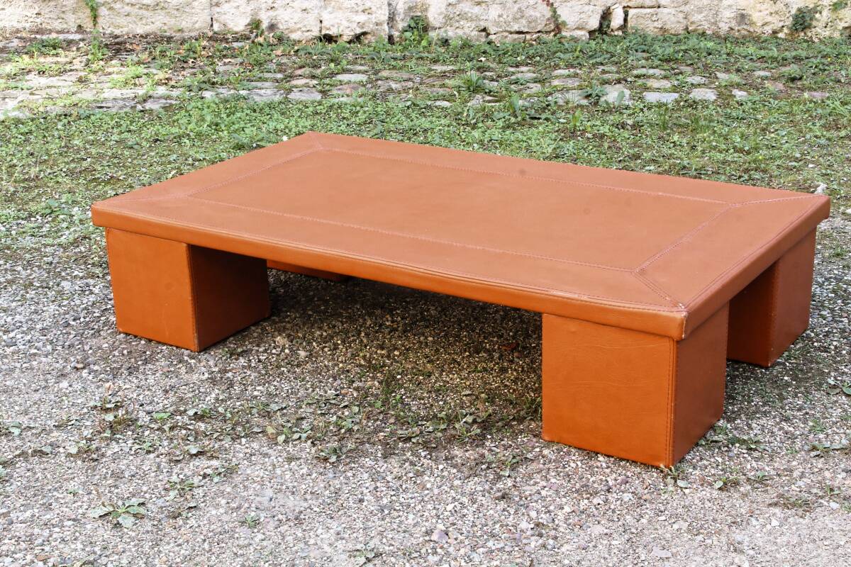 Cognac leather coffee table, vintage 1980s.