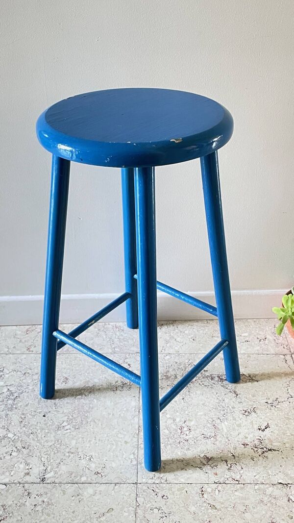 Tabouret vintage bois bleu electrique