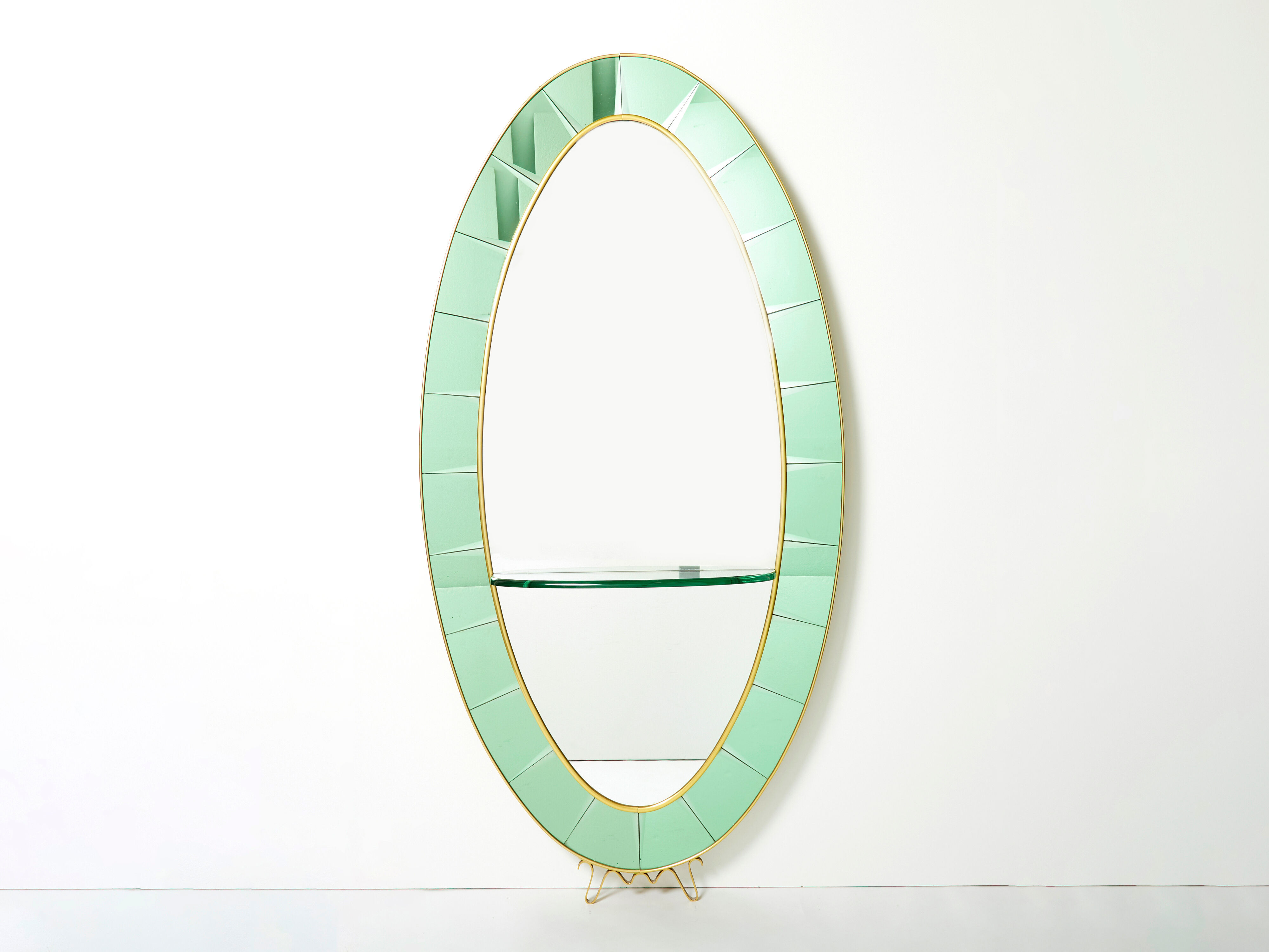 Large Italian mirror oval brass crystal green crystal of Cristal Arte 1950s 110x219cm