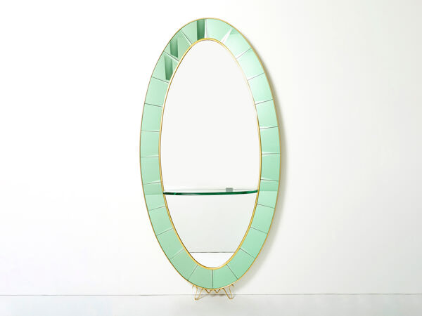 Miroir Italien oval laiton cristal vert de Cristal Arte 1950s 110x219cm