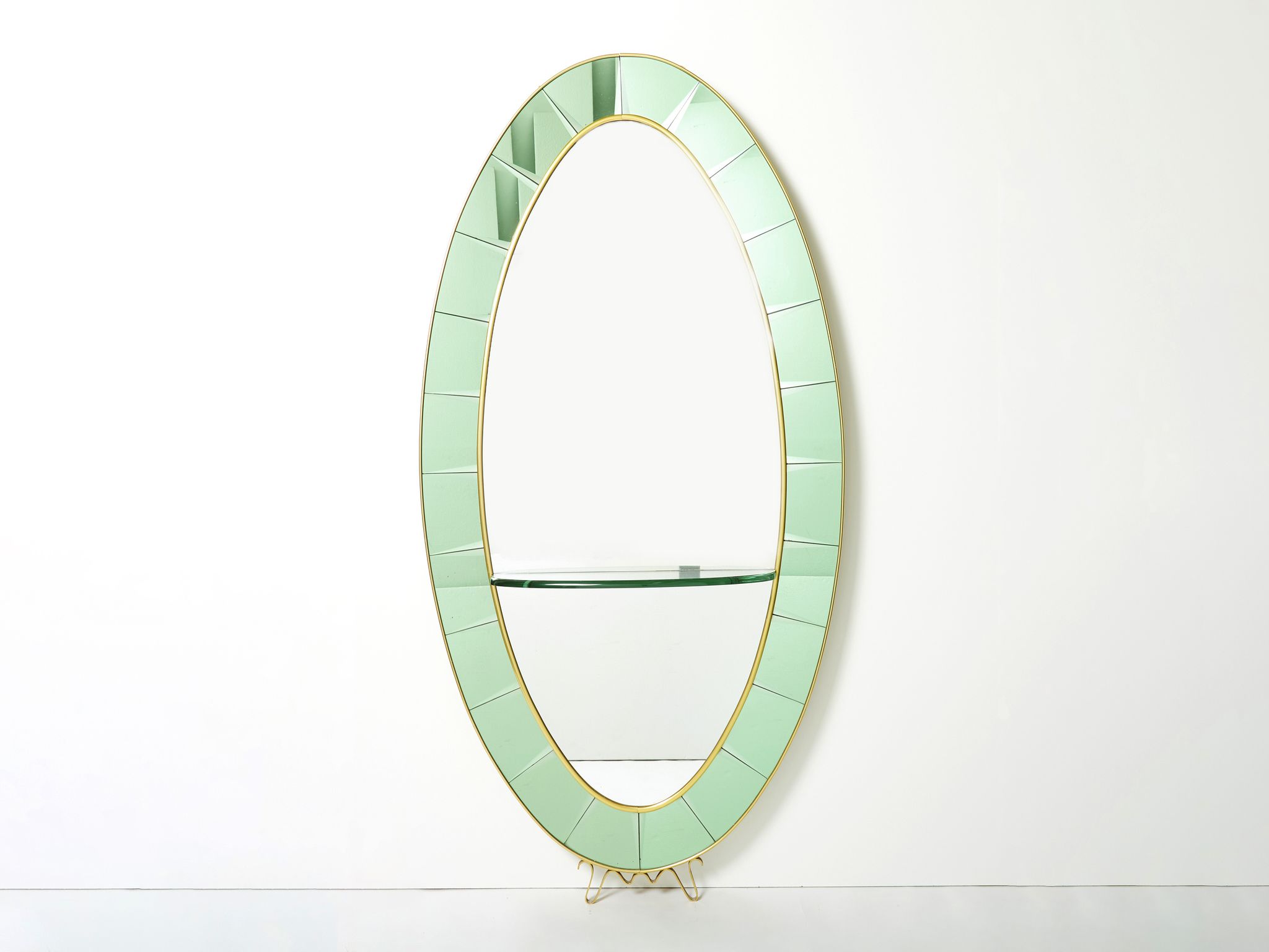 Large Italian mirror oval brass crystal green crystal of Cristal Arte 1950s 110x219cm