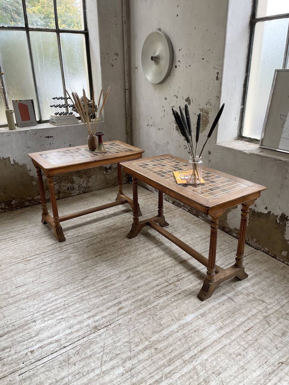 Set of two bistro tables in walnut and tiling from 1890.