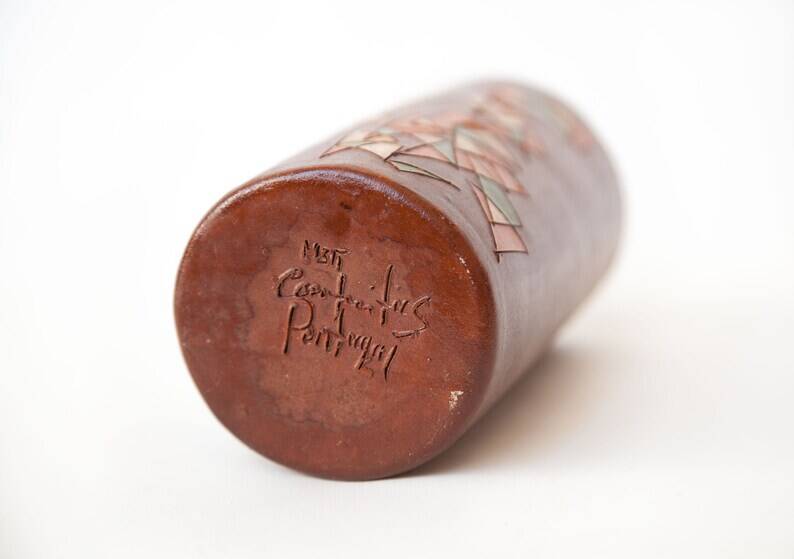 Cylindrical signed vase, pottery, modernist, hand painted, decorative vase, interior decor