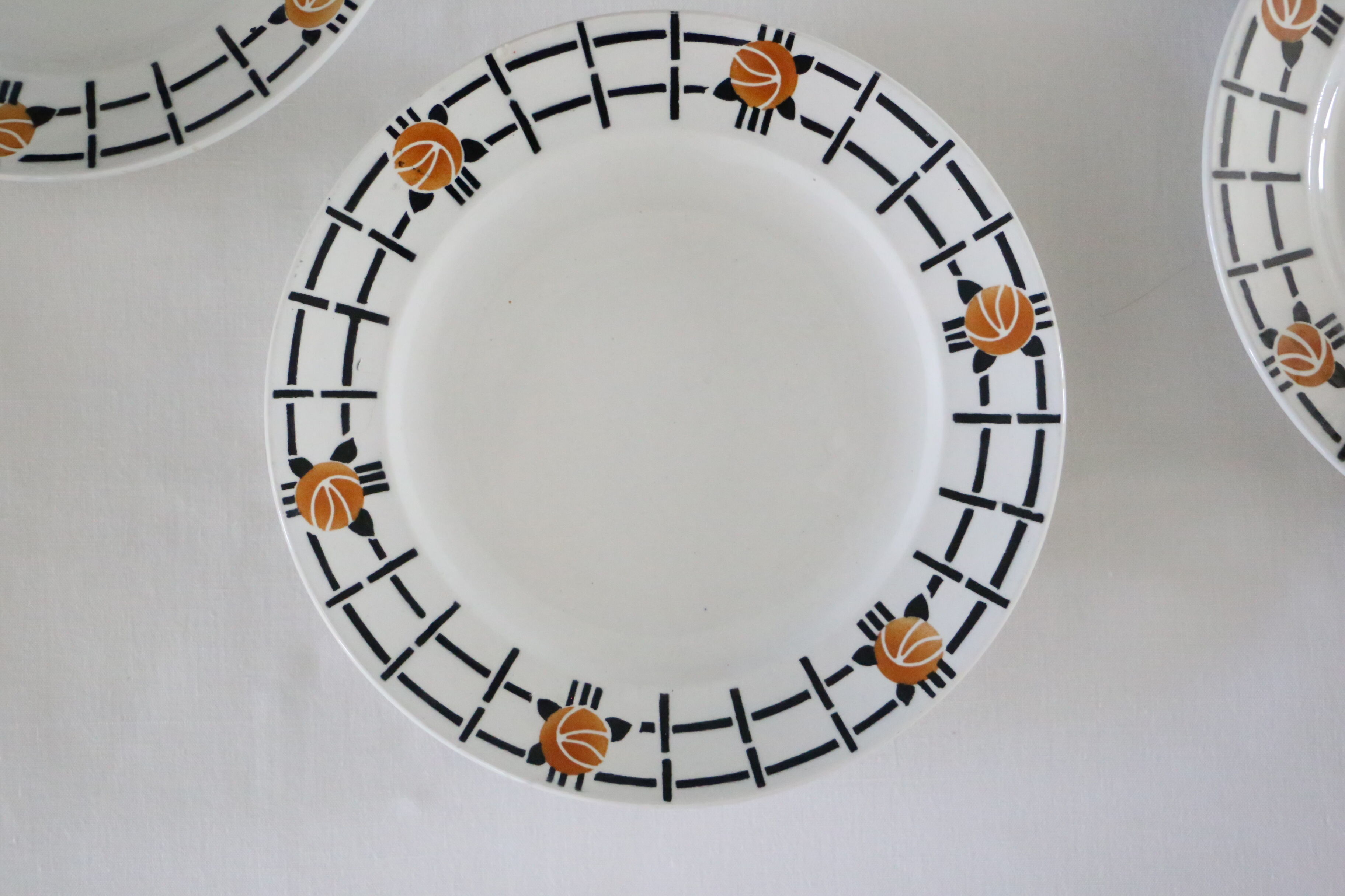 Ensemble de 4 assiette L'Amandinoise, motif géométrique, vintage français, rustique, campagne