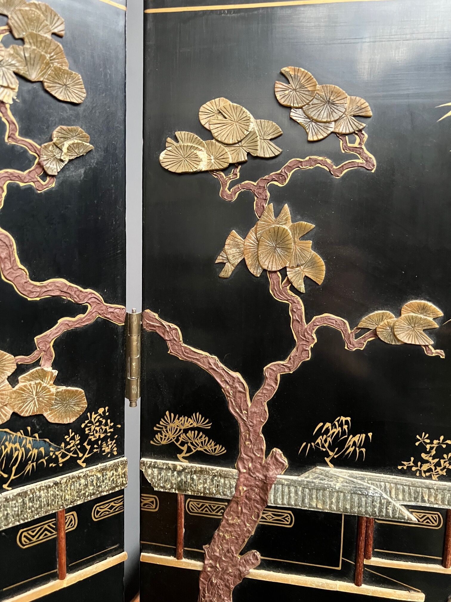 Antique Chinese bedroom screen, inlay of soapstone, jade, ivory, mother-of-pearl