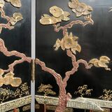 Antique Chinese bedroom screen, inlay of soapstone, jade, ivory, mother-of-pearl