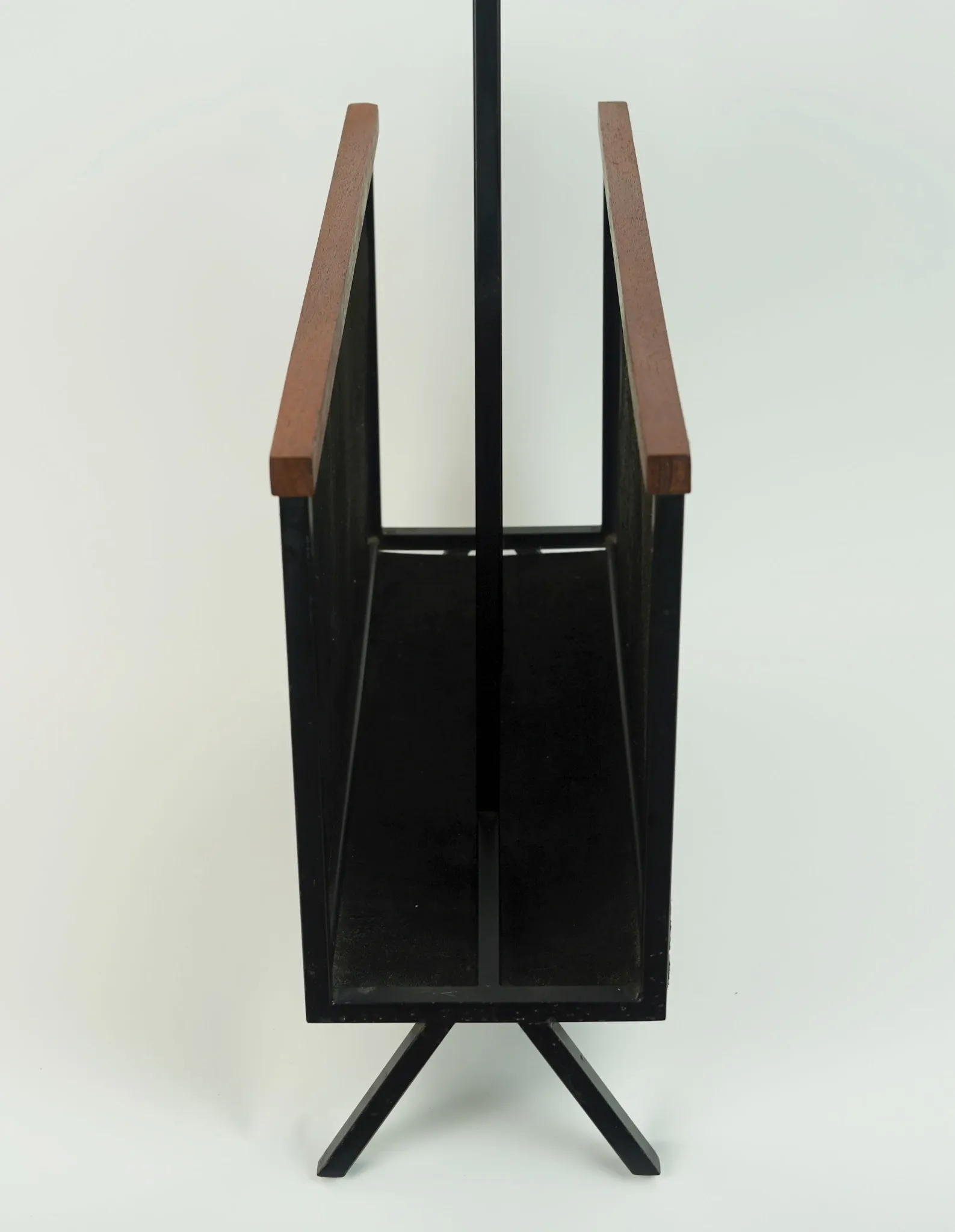 1960s mid century MAGAZINE RACK newspaper holder brown suede metal teakwood