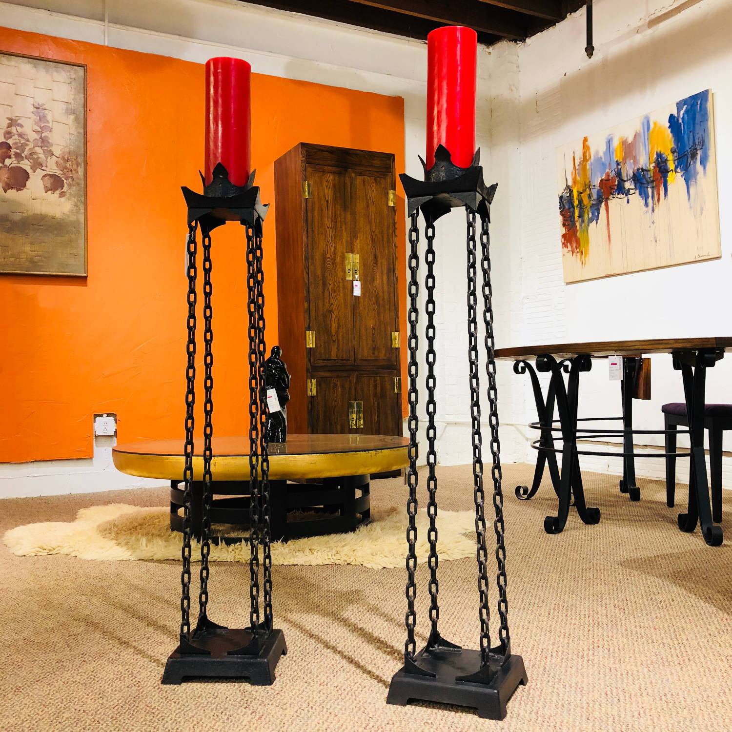 Pair of Gothic Iron Chain Link Free Standing Floor Candlesticks