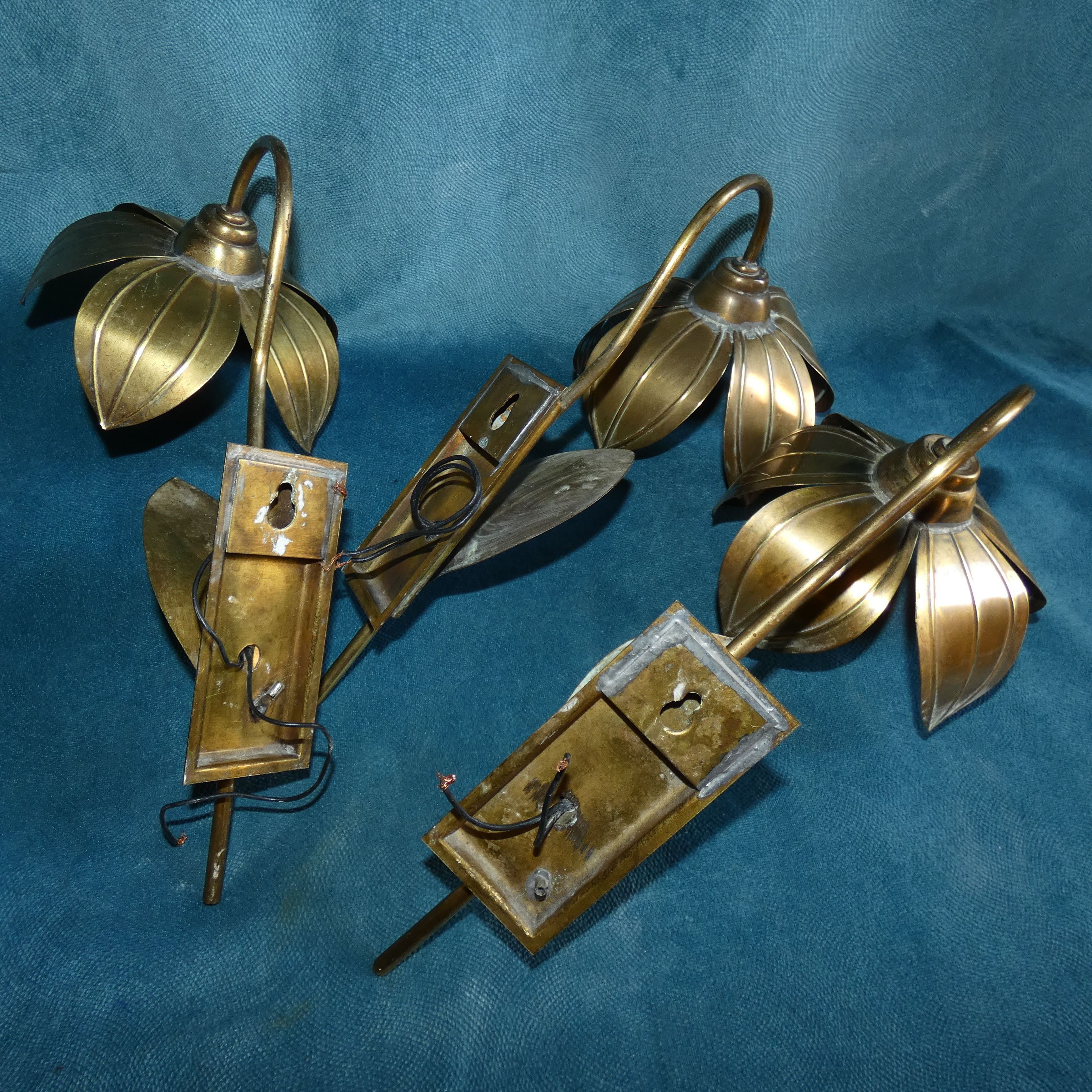 House florart 3 wall lamps vintage brass flowers circa 1960
