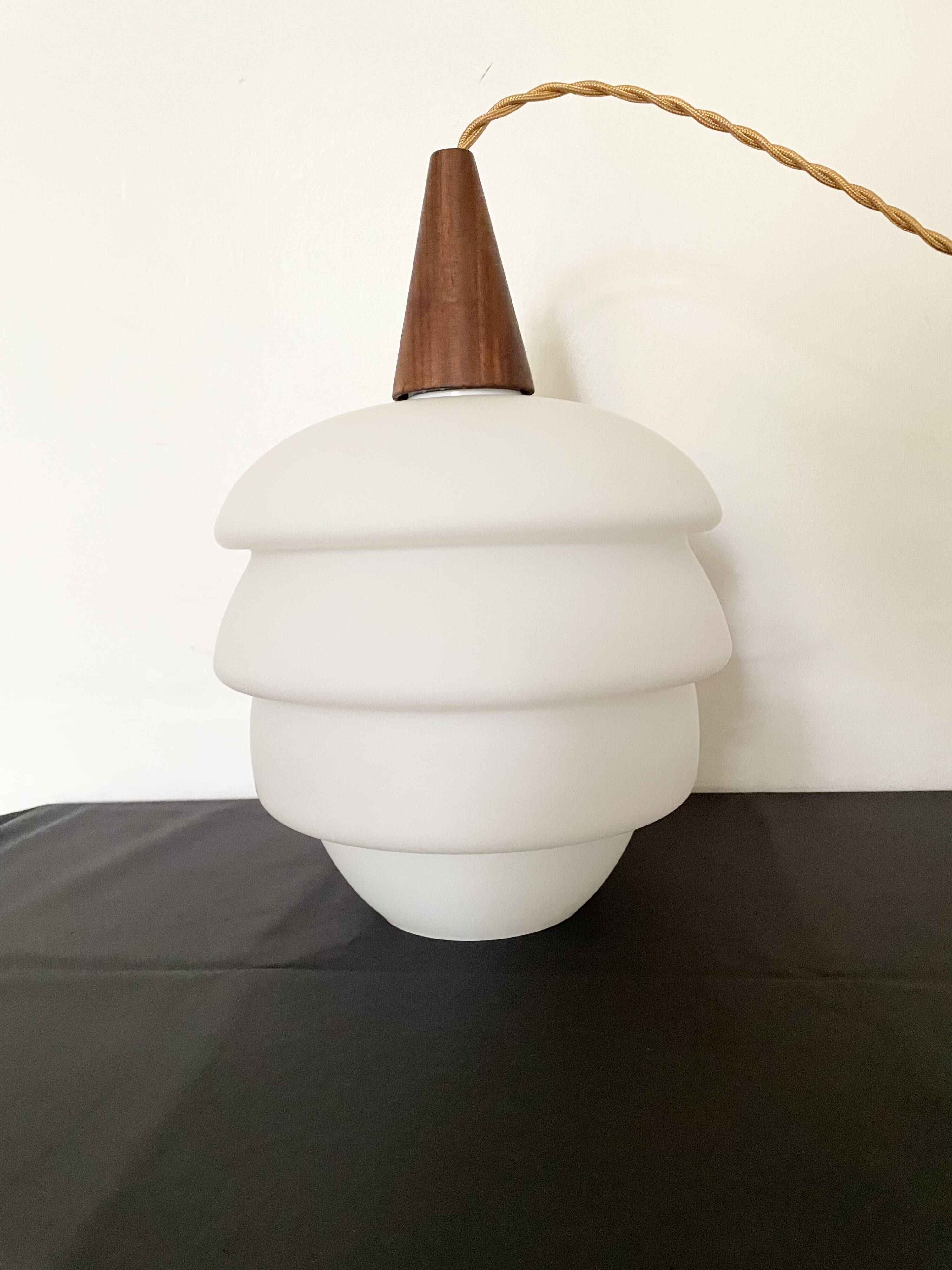 Scandinavian pendant light in opaline and teak
