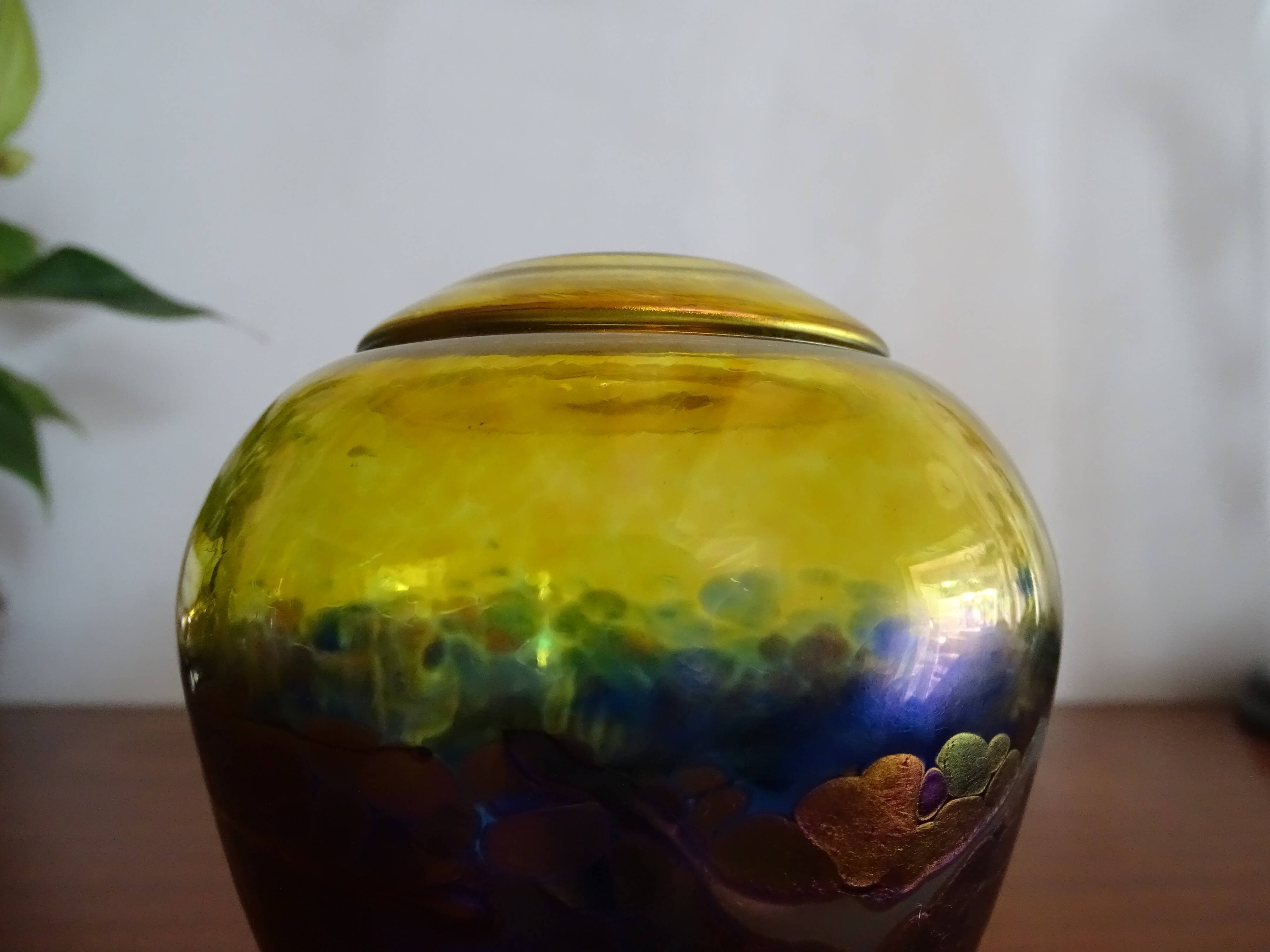 Multicoloured iridescent glass vase and cobalt blue Canada Robert Held signed
