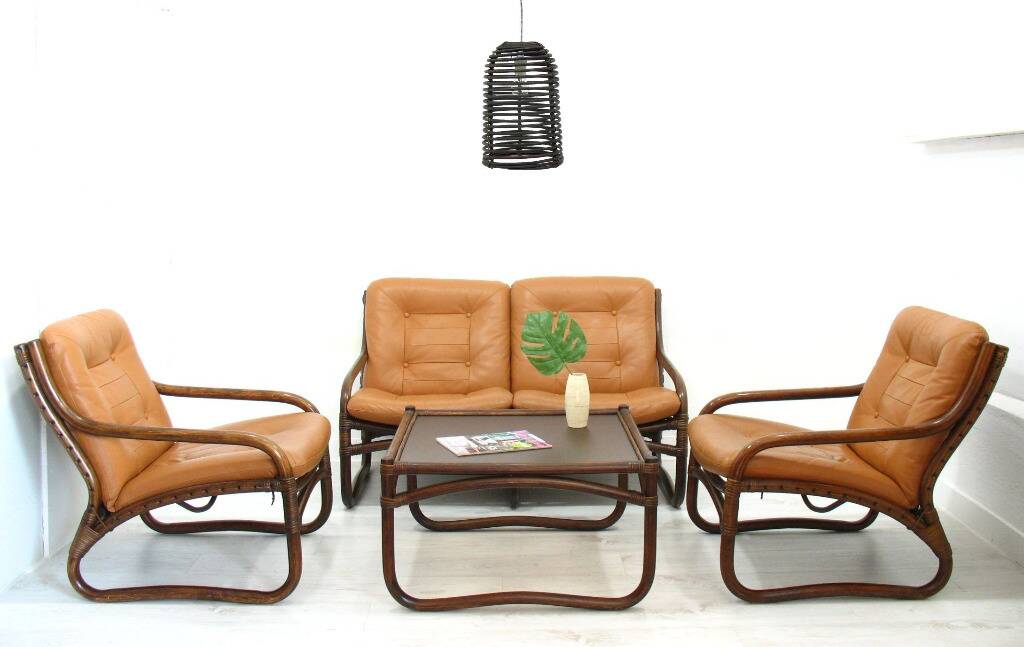 Italian Bamboo, Rattan, and Leather Living Room Set, 1970s