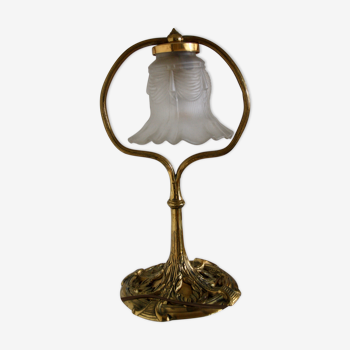 Lampe ancienne bronze abat-jour tulip en verre moulé