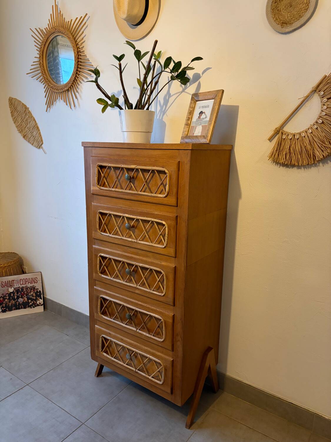 Vintage oak and rattan chest of drawers