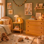 Dresser and its bedside table in rattan caning and vintage oak from the 1970s.