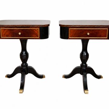 Pair of bedside/occasional tables, mahogany, blackened wood, neoclassical style.
