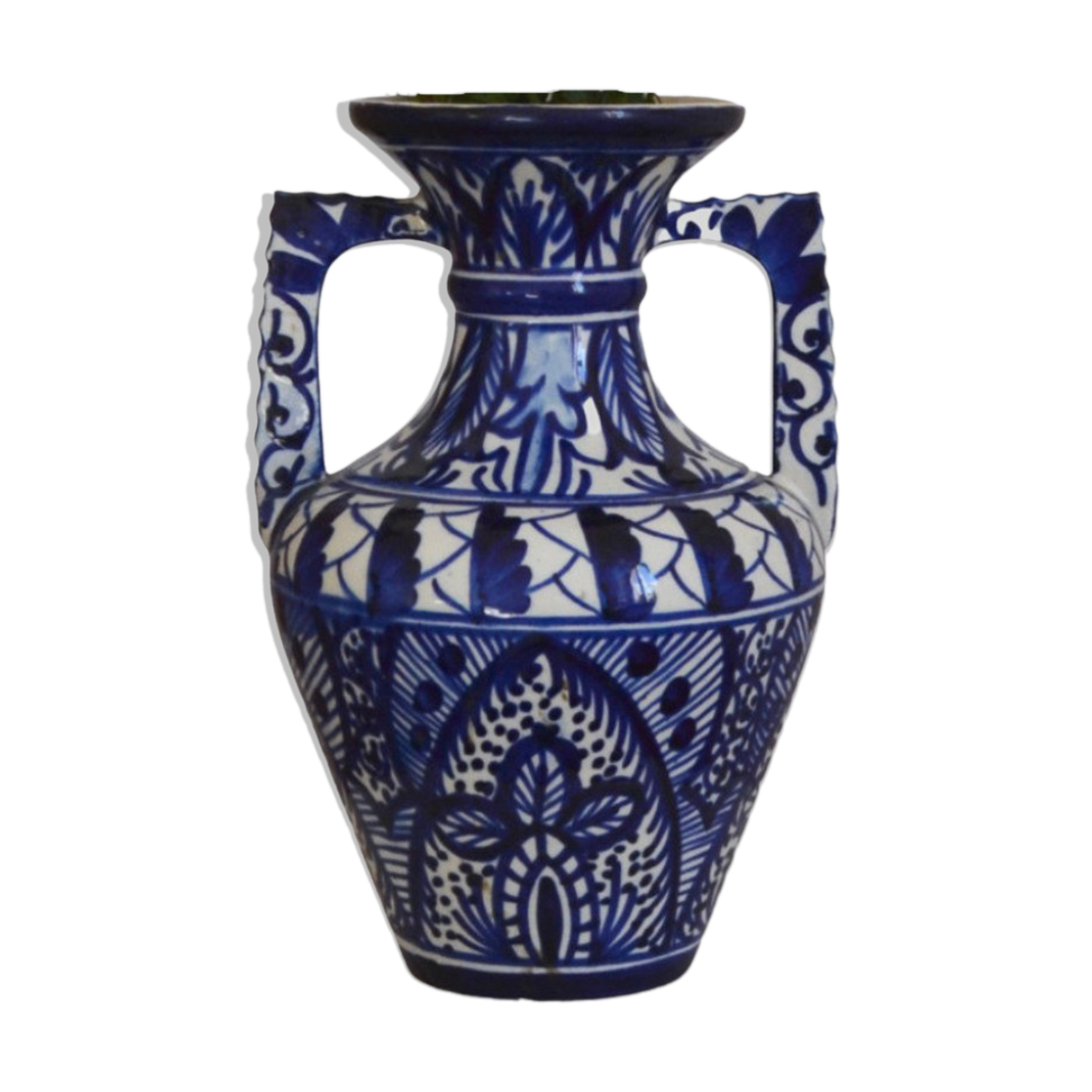 White hand-painted ceramic vase with blue patterns