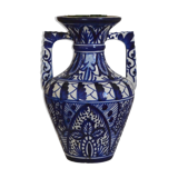 White hand-painted ceramic vase with blue patterns